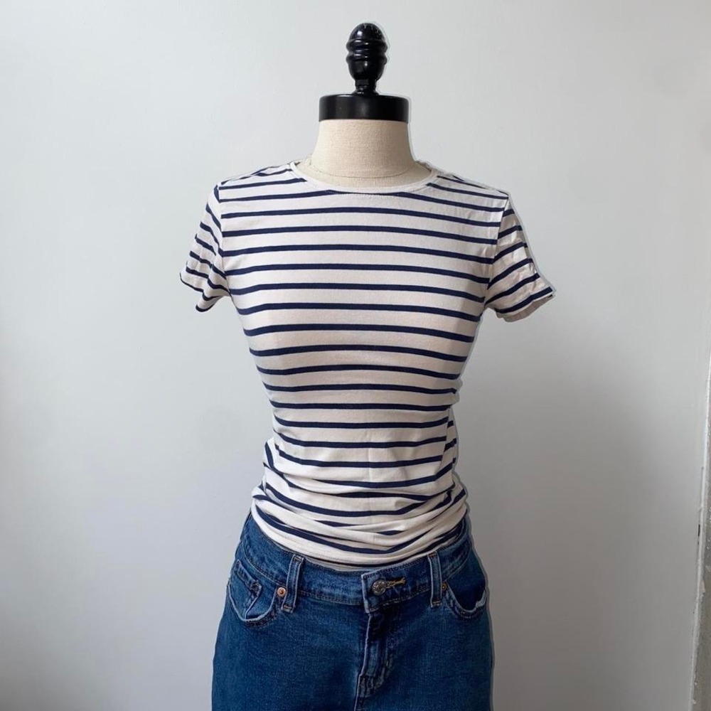 Primark White and Navy Striped Short Sleeve Tee Size XS Basic Staple 1179